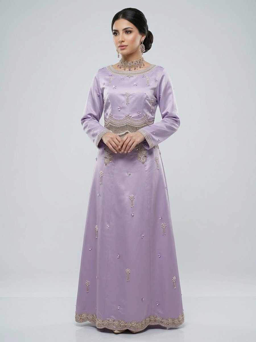 Satin Embroidered Dress in Lilac