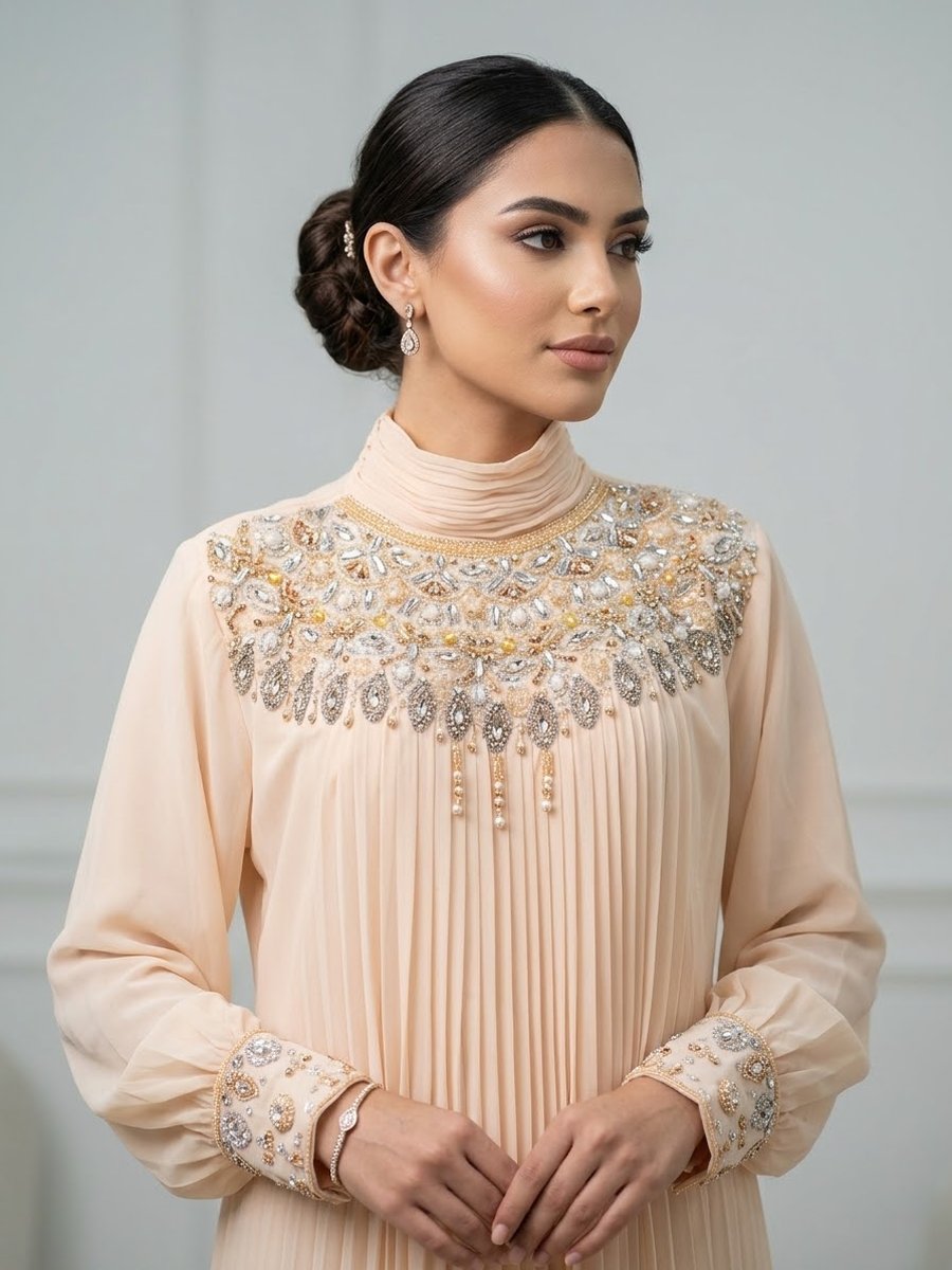 Beaded High-Neck Dress in Champagne