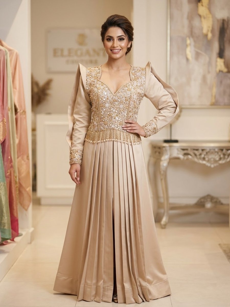 Pleated Evening Gown in Champagne