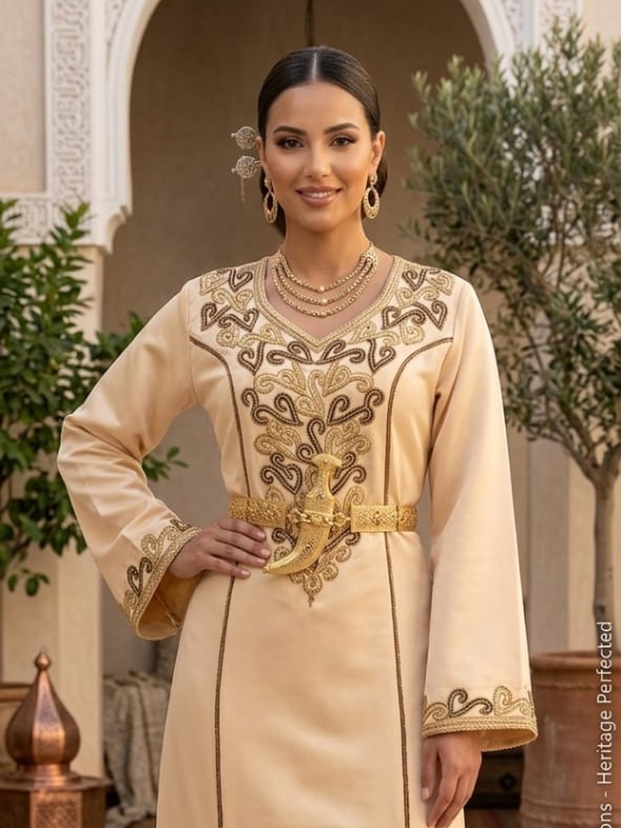 Gold-Embroidered Kaftan in Champagne
